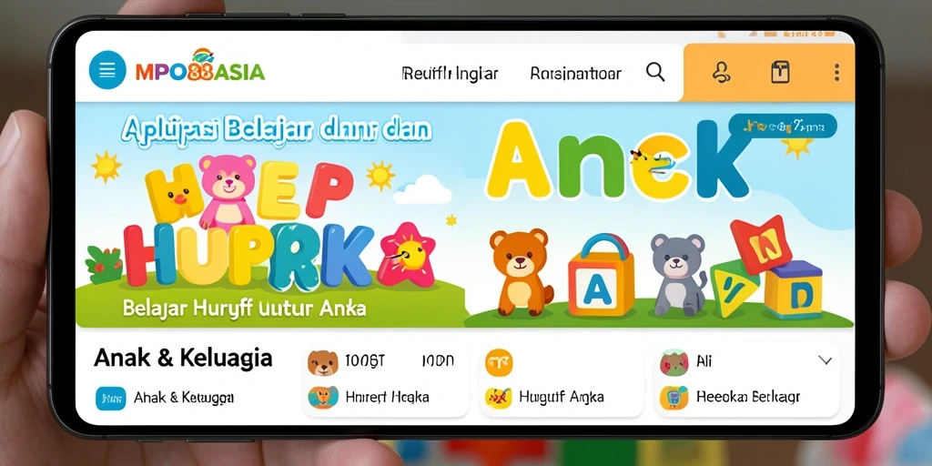 Screenshot aplikasi MPO88ASIA menampilkan antarmuka belajar huruf dan angka yang interaktif.