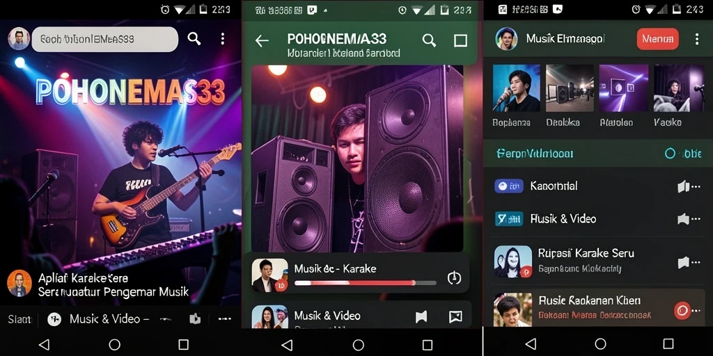 Antarmuka POHONEMAS33 menampilkan pilihan lagu dan fitur karaoke.