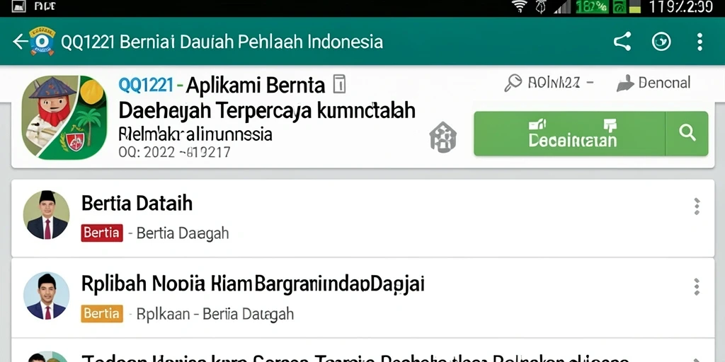 Antarmuka aplikasi QQ1221 menampilkan berita daerah terkini dan relevan.